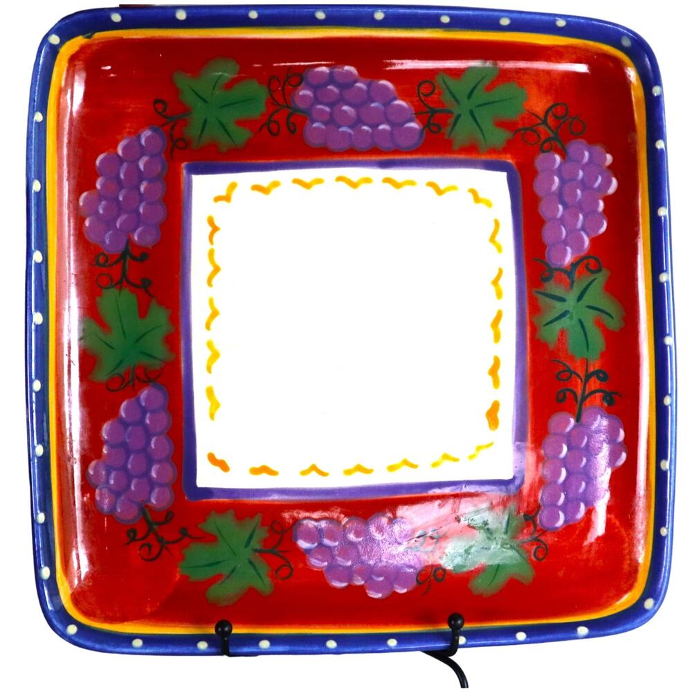 Vintage 90s Hand Painted Square Platter Grapes Artsy Colorful LARGE